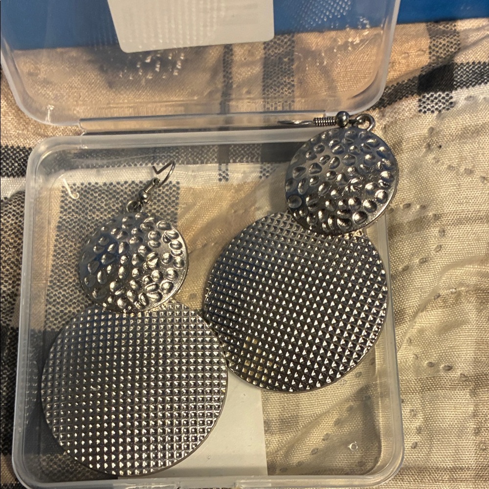 Textured Double-Drop Silver Earrings
